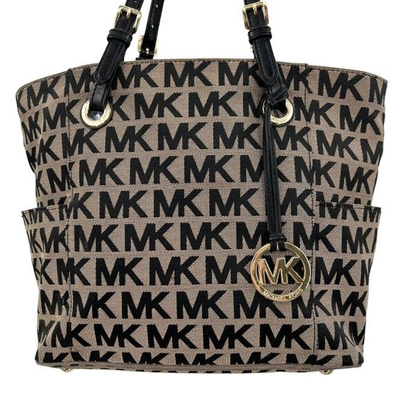 Michael Kors Jet Set Black & Tan Monogram Signature MK Tote Bag - Picture 4 of 16